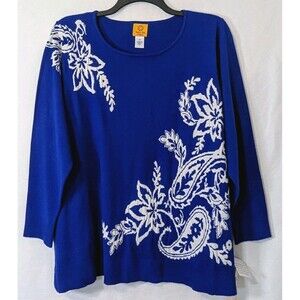 Ruby Rd Woman 2X Blue Floral Paisley Knit Sweater Blue NWT Plus Size